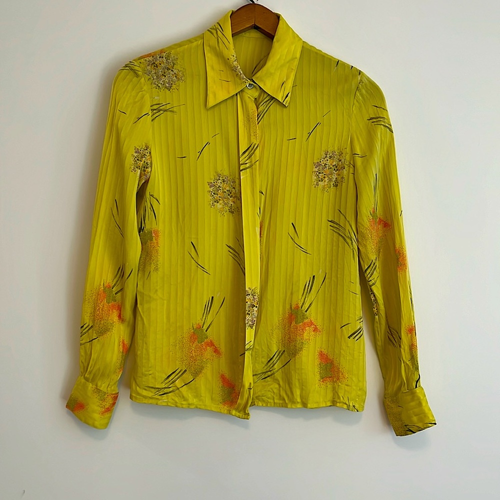 Vintage Lemon Yellow Silk Floral Blouse